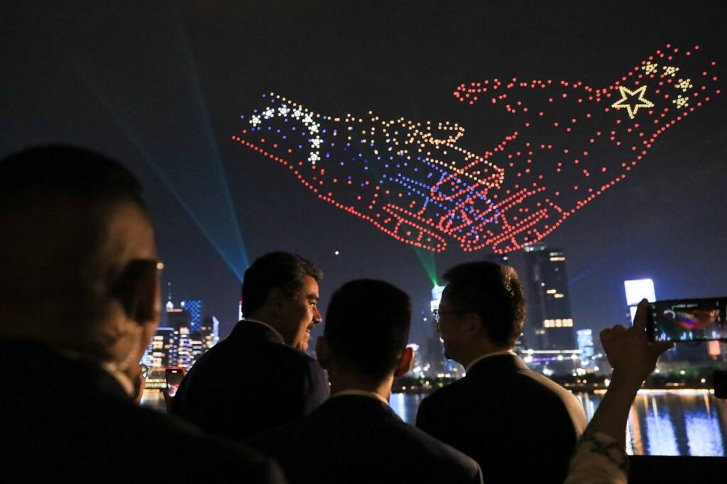 Venezuelan President Nicolás Maduro enjoying a drone show displaying Shenzhen city's technological achievements and the high level of strategic relations between China and Venezuela, at Shenzhen Talent Park, Shenzhen, China, September 8, 2023. Photo: X/@NicolasMaduro.