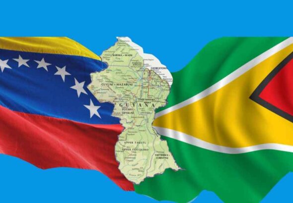 Photo composition showing the flags of Venezuela an Guyana with a map of Guyana in between. File photo.