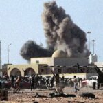 A large explosion is seen on the outskirts of Benghazi after a fighter jet was shot down over Benghazi in eastern Libya. Photo: AP.