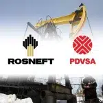 Rosneft and PDVSA logos with an oil rig in the background. File photo.