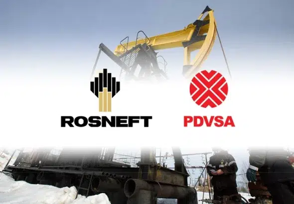 Rosneft and PDVSA logos with an oil rig in the background. File photo.