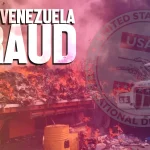 Burning vehicles on a bridge in the background, with the USAID symbol, symbolizing US support and funding in destabilizing Venezuela. Photo: The Grayzone.