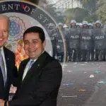 Compilation image of Joe Biden and Juan Orlando Hernández over the Department of State Seal and riot police. Photo: Grayzone.
