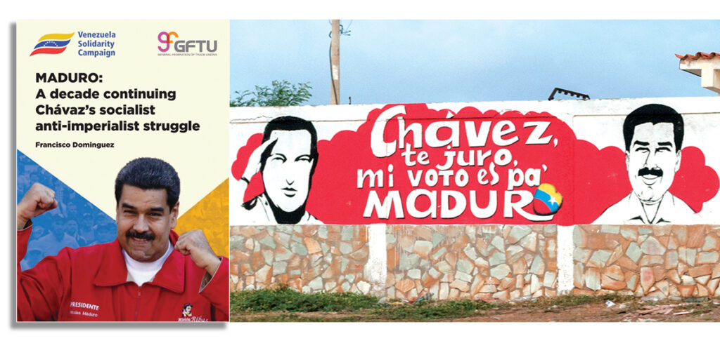 Photo composition showing on the left the cover for the paper written by Francisco Dominguez, next to a photo of a mural in Venezuela with the caption: "Chavez: I swear my vote goes to Maduro," by Wilfredor/CC. Photo: MorningStar.