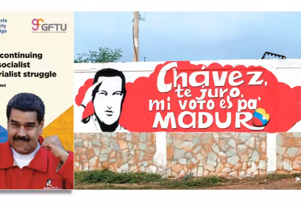 Photo composition showing on the left the cover for the paper written by Francisco Dominguez, next to a photo of a mural in Venezuela with the caption: "Chavez: I swear my vote goes to Maduro," by Wilfredor/CC. Photo: MorningStar.