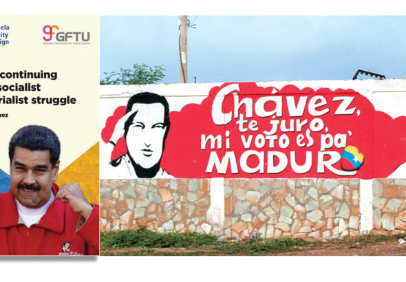 Photo composition showing on the left the cover for the paper written by Francisco Dominguez, next to a photo of a mural in Venezuela with the caption: "Chavez: I swear my vote goes to Maduro," by Wilfredor/CC. Photo: MorningStar.