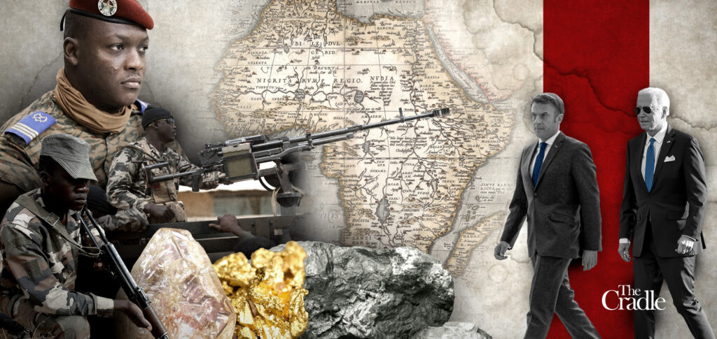 A graphic depicting Burkinabè President Ibrahim Traoré as well as French President Emmanuel Macron and US President Joe Biden depicted in front of the African continent, with soldiers and precious metals in front. Photo: The Cradle.