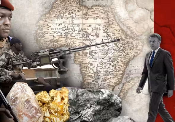 A graphic depicting Burkinabè President Ibrahim Traoré as well as French President Emmanuel Macron and US President Joe Biden depicted in front of the African continent, with soldiers and precious metals in front. Photo: The Cradle.