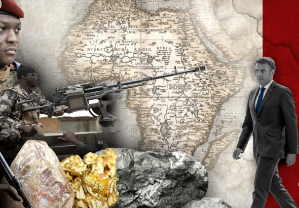 A graphic depicting Burkinabè President Ibrahim Traoré as well as French President Emmanuel Macron and US President Joe Biden depicted in front of the African continent, with soldiers and precious metals in front. Photo: The Cradle.