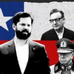 Financial Times photo composition showing Gabriel Boric (left), Salvador Allende (top-right), and Augusto Pinochet (bottom-right), in front of a Chilean flag. Photo: AFP/Getty Images.