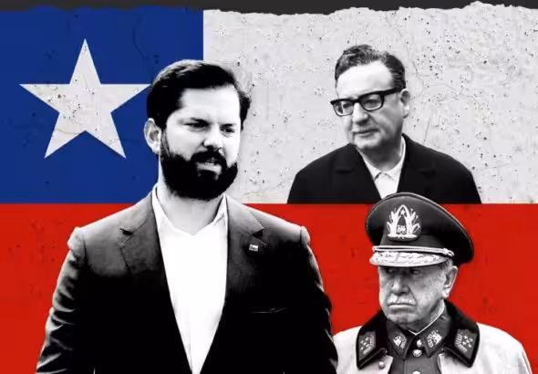 Financial Times photo composition showing Gabriel Boric (left), Salvador Allende (top-right), and Augusto Pinochet (bottom-right), in front of a Chilean flag. Photo: AFP/Getty Images.