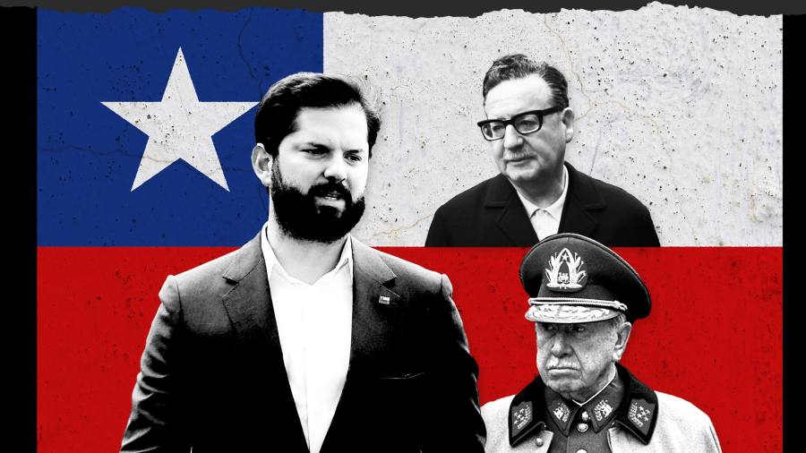 Financial Times photo composition showing Gabriel Boric (left), Salvador Allende (top-right), and Augusto Pinochet (bottom-right), in front of a Chilean flag. Photo: AFP/Getty Images.