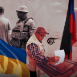 Photo composition showing a voter placing his vote in a ballot box, on the left the Ukrainian flag, on the right the Russian flag and in the background a civilian with a soldier. Photo: Al Mayadeen.