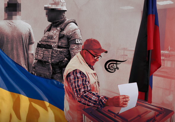 Photo composition showing a voter placing his vote in a ballot box, on the left the Ukrainian flag, on the right the Russian flag and in the background a civilian with a soldier. Photo: Al Mayadeen.