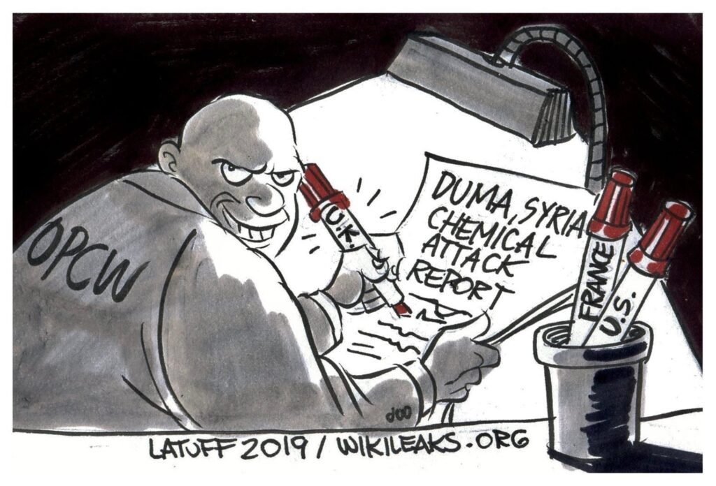 Political cartoon depicting the falsification of the Duma, Syria Chemical Attack Report. Photo: WikiLeaks.