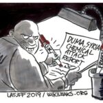 Political cartoon depicting the falsification of the Duma, Syria Chemical Attack Report. Photo: WikiLeaks.