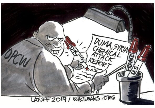 Political cartoon depicting the falsification of the Duma, Syria Chemical Attack Report. Photo: WikiLeaks.