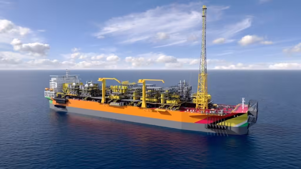 Computerized model of the One Guyana a floating production, storage, and offloading vessel (FPSO) under construction, requested by ExxonMobil Guyana. Photo: VesselFinder/File photo.