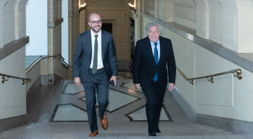 President Joe Biden's Advisor Juan Gonzalez climbing some stairs at the OAS headquarters in Washington DC alongside OAS Secretary General Luis Almagro, June, 2021. Photo: OEA/File photo.