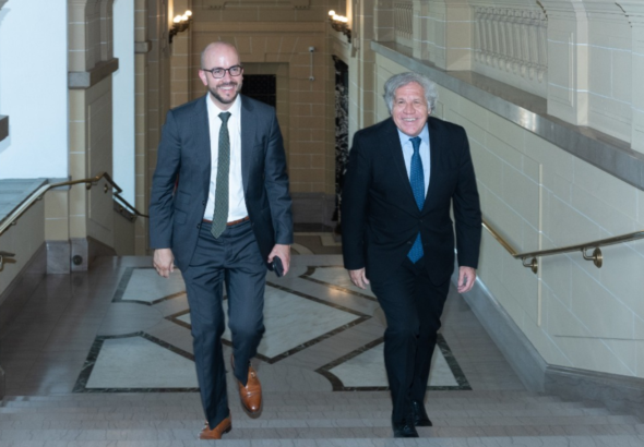 President Joe Biden's Advisor Juan Gonzalez climbing some stairs at the OAS headquarters in Washington DC alongside OAS Secretary General Luis Almagro, June, 2021. Photo: OEA/File photo.