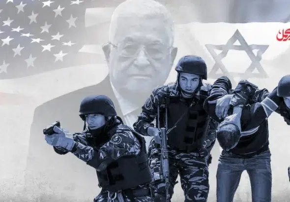 Composite image of PA soldiers with a background of the face of Abbas and flags of the US and the Israeli settler entities. Photo: al-Carmel News.