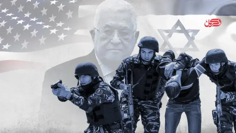 Composite image of PA soldiers with a background of the face of Abbas and flags of the US and the Israeli settler entities. Photo: al-Carmel News.
