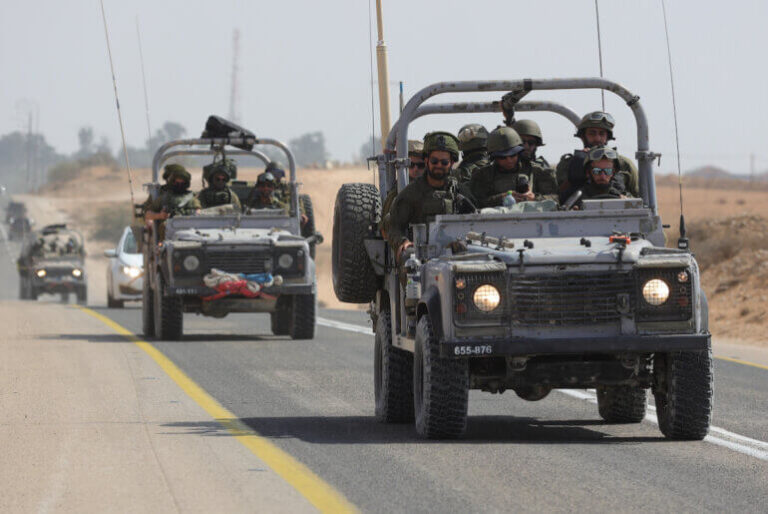 Israeli soldiers drive along the border with Gaza near the Southern city of Ofakim, October 11, 2023. Photo: Abir sultan/Efe via Zuma Press/APA images.