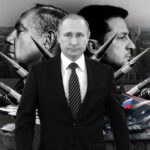 Photo composition shows Russian President Vladimir Putin (center), Prime Minister of Israel Benjamin Netanyahu (left) and President of Ukraine Volodymyr Zelenskyy (right) with missiles, and on each side the Al-Aqsa Mosqué to the left and the Ukrainian flag over a forest to the right. Photo: The Cradle.