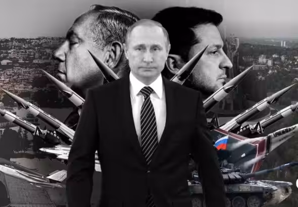 Photo composition shows Russian President Vladimir Putin (center), Prime Minister of Israel Benjamin Netanyahu (left) and President of Ukraine Volodymyr Zelenskyy (right) with missiles, and on each side the Al-Aqsa Mosqué to the left and the Ukrainian flag over a forest to the right. Photo: The Cradle.