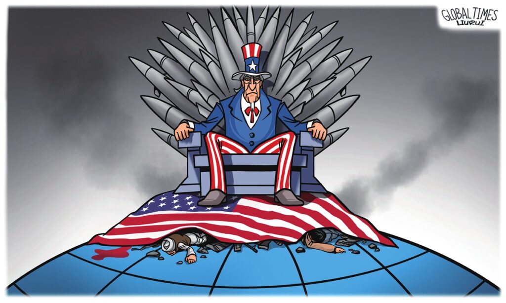 The “Uncle Sam” caricature for the US is depicted sitting upon a throne of nuclear weapons atop a pile of dead bodies, obscured by a US flag. Photo: Liu Rui/Global Times.