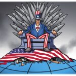 The “Uncle Sam” caricature for the US is depicted sitting upon a throne of nuclear weapons atop a pile of dead bodies, obscured by a US flag. Photo: Liu Rui/Global Times.