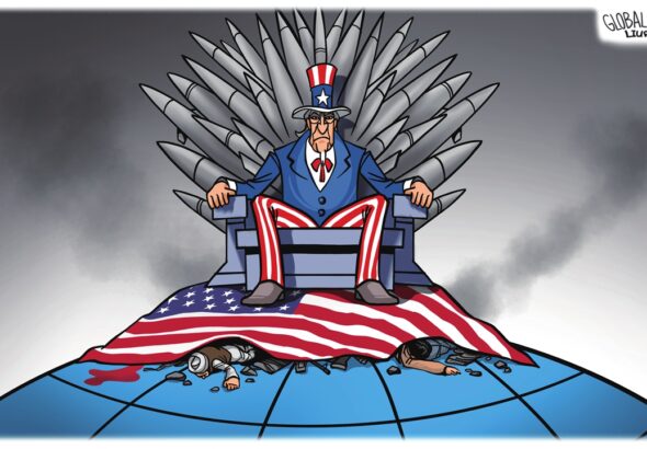The “Uncle Sam” caricature for the US is depicted sitting upon a throne of nuclear weapons atop a pile of dead bodies, obscured by a US flag. Photo: Liu Rui/Global Times.
