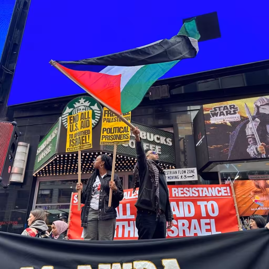 In New York City, US, people protest in support of Palestinian resistance and an end to US aid to Israel. Photo: Instagram/@peoplesforumnyc.
