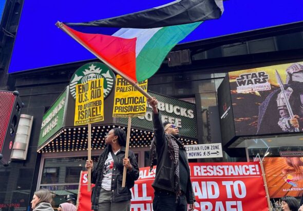 In New York City, US, people protest in support of Palestinian resistance and an end to US aid to Israel. Photo: Instagram/@peoplesforumnyc.