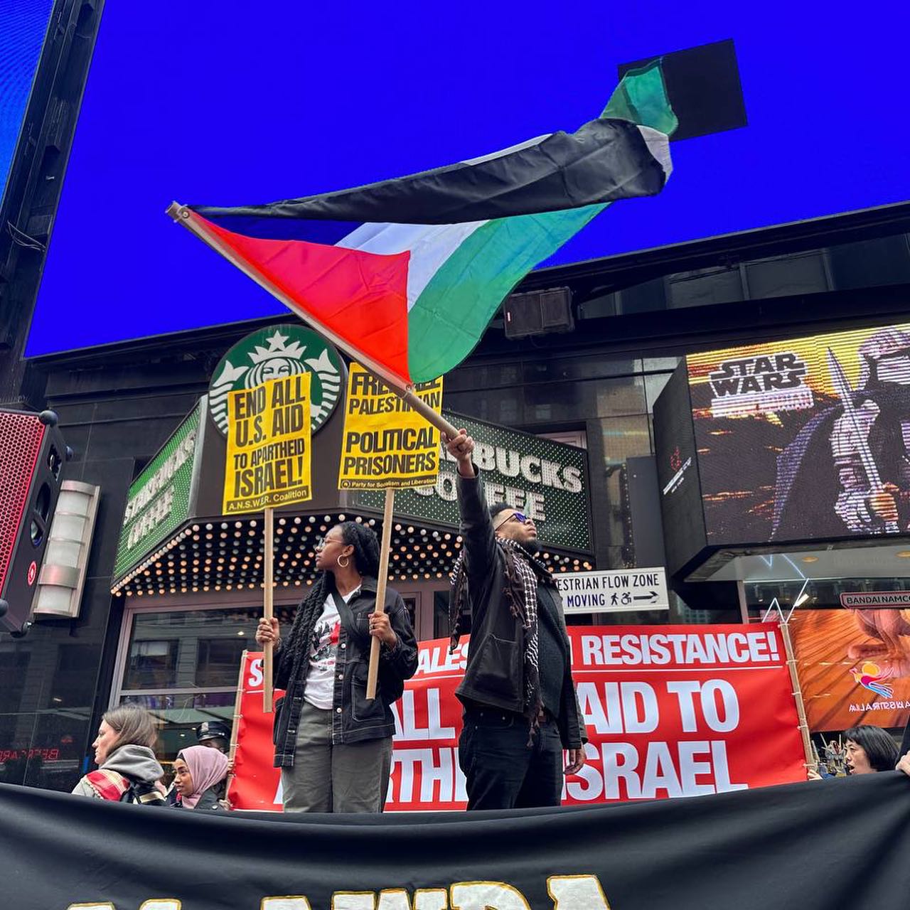 In New York City, US, people protest in support of Palestinian resistance and an end to US aid to Israel. Photo: Instagram/@peoplesforumnyc.