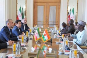 Hossein Amir Abdollahian (left) and his team during a meeting with Niger s Bakary Yaou Sangare (right), who was made foreign minister after the coup, in Tehran. Photo: AFP.