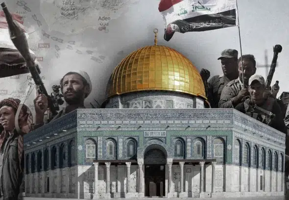 Compilation image depicting soldiers with Yemini flags, Al-Asqa Temple and a map of the southern end of the Arabian Peninsula. Photo: The Cradle.
