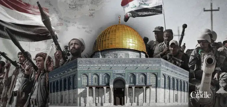 Compilation image depicting soldiers with Yemini flags, Al-Asqa Temple and a map of the southern end of the Arabian Peninsula. Photo: The Cradle.