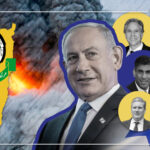 Photo composition showing a Hamas shield next to a map of Palestine (left) along portrait photos of Western politicians such as Prime Minister of Israel Benjamin Netanyahu, US Secretary of State Antony Blinken, US President Joe Biden, British Prime Minister Rishi Sunak, former US ambassador to the UN Nikki Haley and Indian Prime Minister Narendra Modi (right) and in the background a large explosion . Photo: PressTV.