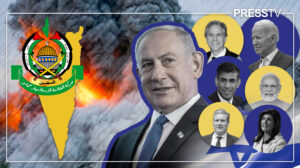 Photo composition showing a Hamas shield next to a map of Palestine (left) along portrait photos of Western politicians such as Prime Minister of Israel Benjamin Netanyahu, US Secretary of State Antony Blinken, US President Joe Biden, British Prime Minister Rishi Sunak, former US ambassador to the UN Nikki Haley and Indian Prime Minister Narendra Modi (right) and in the background a large explosion . Photo: PressTV.