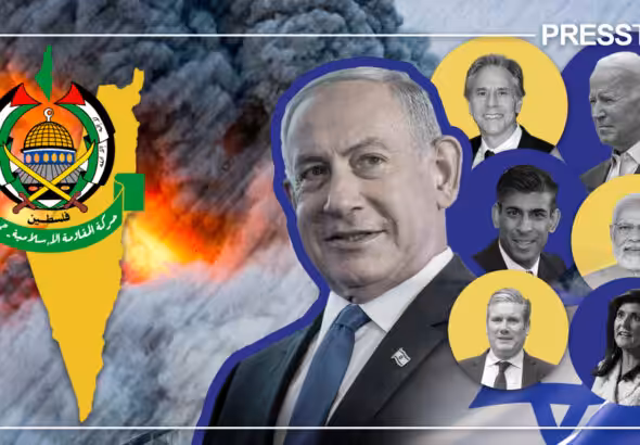 Photo composition showing a Hamas shield next to a map of Palestine (left) along portrait photos of Western politicians such as Prime Minister of Israel Benjamin Netanyahu, US Secretary of State Antony Blinken, US President Joe Biden, British Prime Minister Rishi Sunak, former US ambassador to the UN Nikki Haley and Indian Prime Minister Narendra Modi (right) and in the background a large explosion . Photo: PressTV.