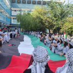 Solidarity rallies at an UNRWA school on October 9, 2023. Photo: Albuss.net.