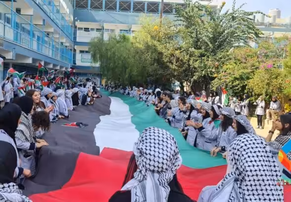 Solidarity rallies at an UNRWA school on October 9, 2023. Photo: Albuss.net.