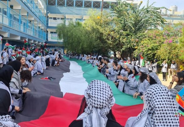 Solidarity rallies at an UNRWA school on October 9, 2023. Photo: Albuss.net.