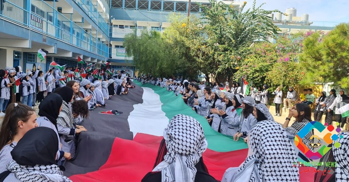Solidarity rallies at an UNRWA school on October 9, 2023. Photo: Albuss.net.