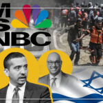 Photo composition showing MSNBC hosts Ayman Mohyeldin, Mehdi Hasan and Ali Velshi (bottom left), the MSNBC logo (top left), the flag of Israel (bottom right), and a group of stretcher bearers carrying a man wounded (top right). Photo: PressTV.