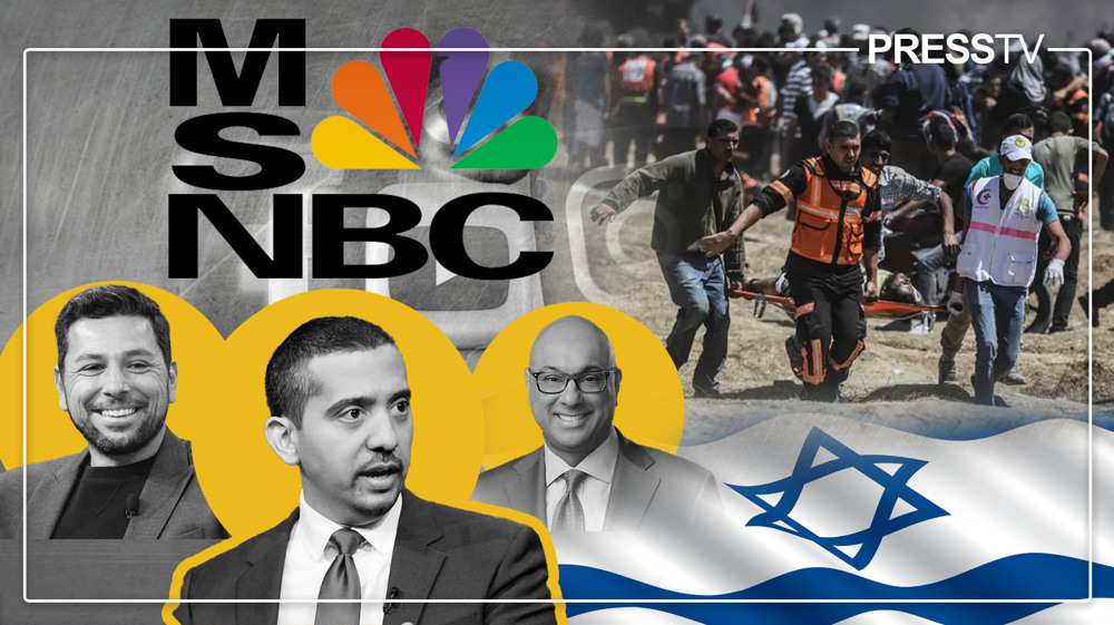 Photo composition showing MSNBC hosts Ayman Mohyeldin, Mehdi Hasan and Ali Velshi (bottom left), the MSNBC logo (top left), the flag of Israel (bottom right), and a group of stretcher bearers carrying a man wounded (top right). Photo: PressTV.
