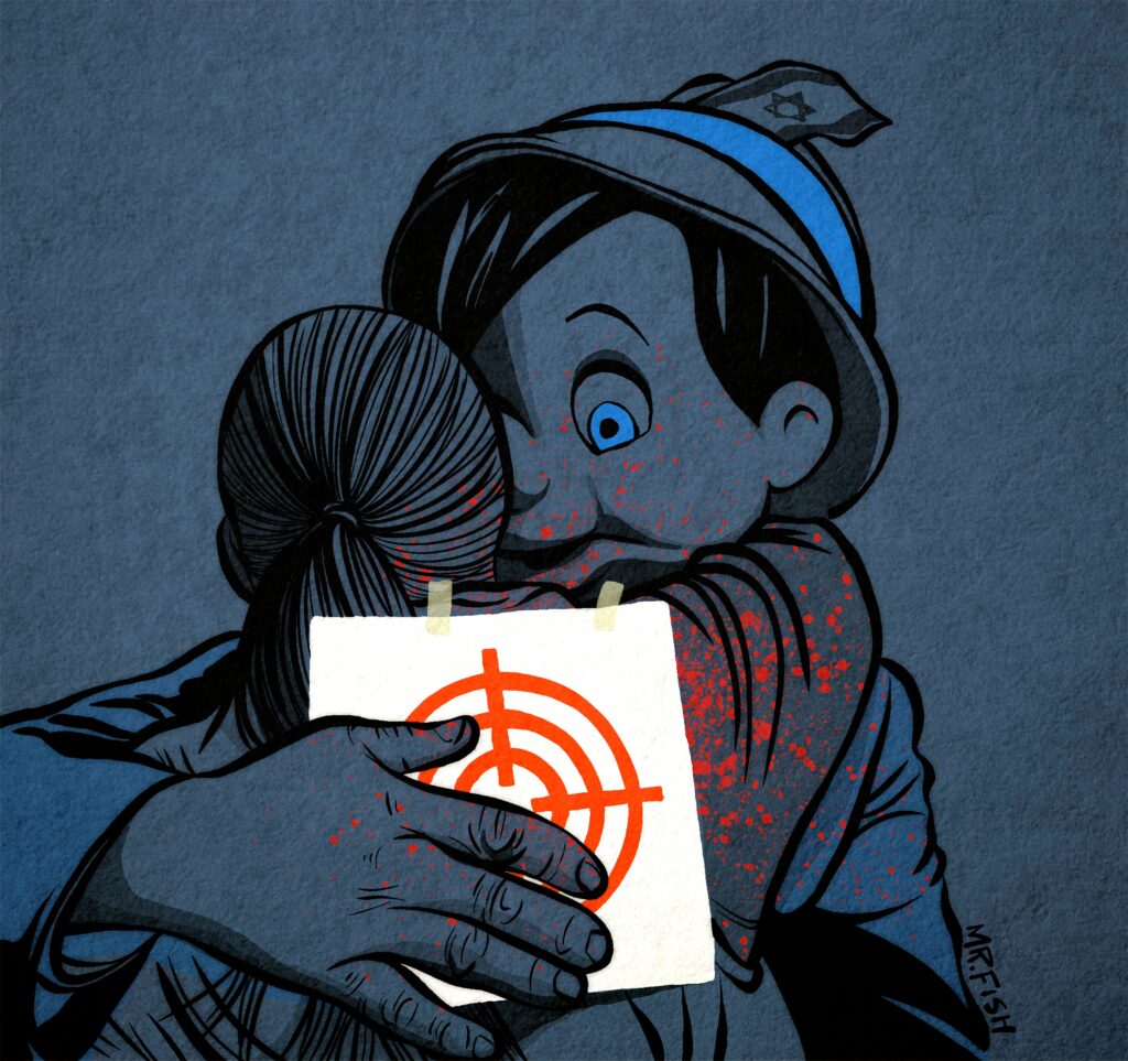 Liar Liar by Mr. Fish depicts a girl embracing what appears to be Pinocchio with the flag of Israel on his hat, holding a target upon the girl's back. Photo: The Chris Hedges Report.