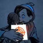 Liar Liar by Mr. Fish depicts a girl embracing what appears to be Pinocchio with the flag of Israel on his hat, holding a target upon the girl's back. Photo: The Chris Hedges Report.