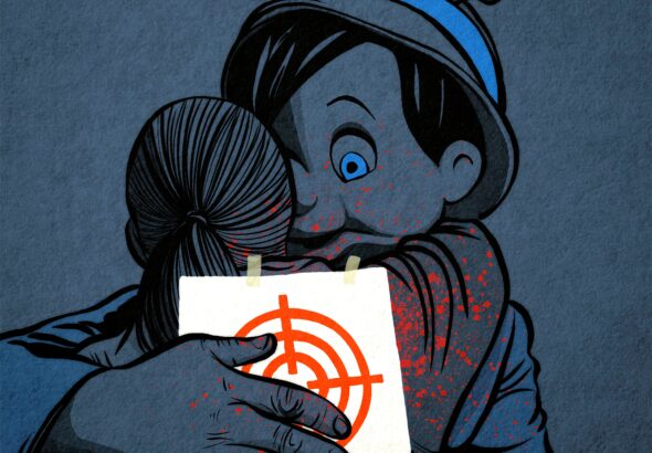 Liar Liar by Mr. Fish depicts a girl embracing what appears to be Pinocchio with the flag of Israel on his hat, holding a target upon the girl's back. Photo: The Chris Hedges Report.